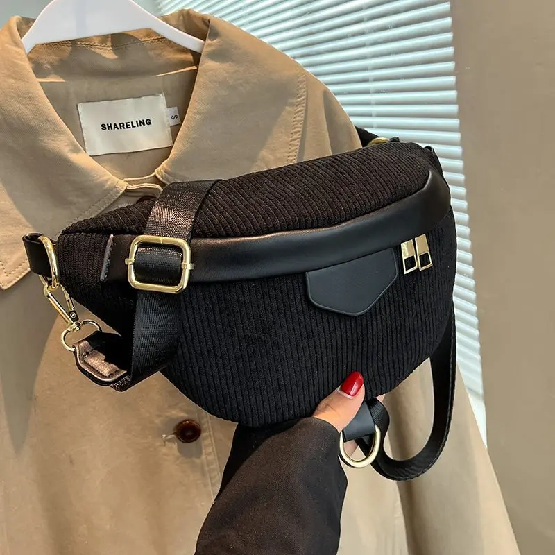 High-Grade Small Bag Women2024New Fashion Autumn and Winter-Body Bag Popular Niche Corduroy Chest Bag Waist Bag