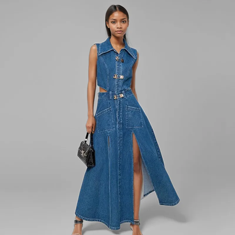 WTHT 2025 Spring Fashion Women's Waist Hollow Out Denim Long Dress Trendy Lapel Sleeveless Split Dresses Female 1LS813