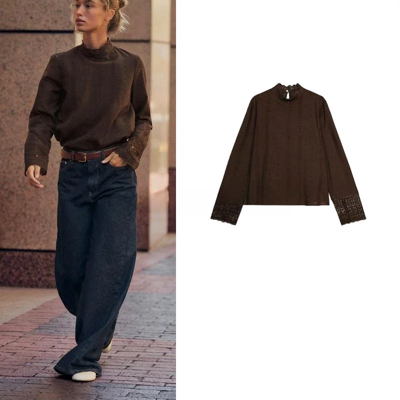 

Spring New Women's Faionable Long Sve Cotton Embroidered Hollow out Stand Collar irt Versatile Casual Sle Warm Polye...