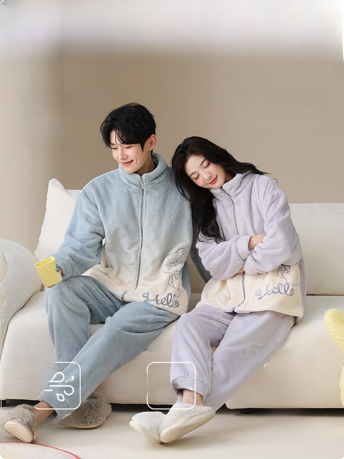 Couple's Coral Fleece Pajamas Thickened Flannel Home Clothes Set Men's Women's Gradient Design Warm Soft Long Sleeve Sleepwear
