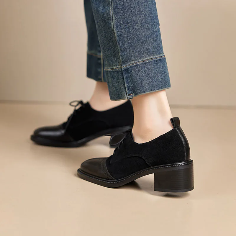 البقرة المدبوغ أحذية نسائية الفم العميق الدانتيل متابعة المرقعة سيدة مضخات جولة تو حجم كبير الكعب المتوسط Phoentin FT4264 #6