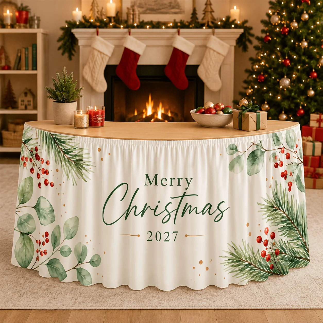 1 piece table flag table skirt 2027 Merry Christmas, watercolor eucalyptus pine branches red berries gold polka dot tablecloth