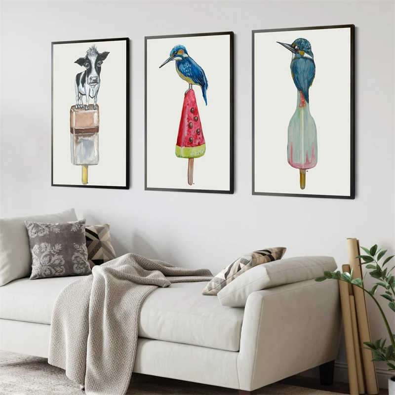 Pop Colorful Animals Head Poster Aesthetic Ice Cream Bird Species Sketch Canvas Print for Wall Art Home Decoration Room Decor