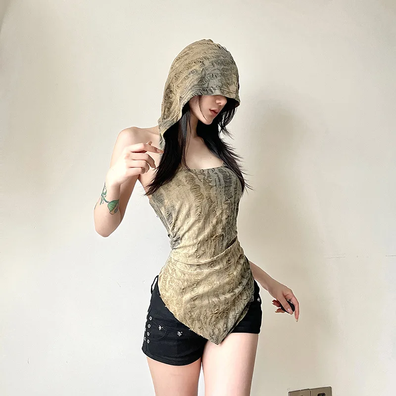 

Waste Soil Style Hooded Backless Tank Tops Casual Slim Square Collar Sleeveless Asymmetrical Tops Women Summer Lady