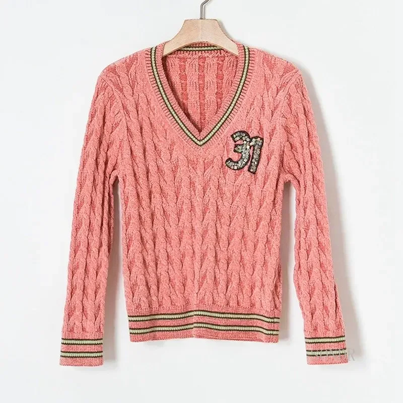 2022 Autumn Winter Warm Sweater Women V Neck Twist Knitted Pullover Pink Sweater with Beaded Letter Camel Jumper Winter Tops