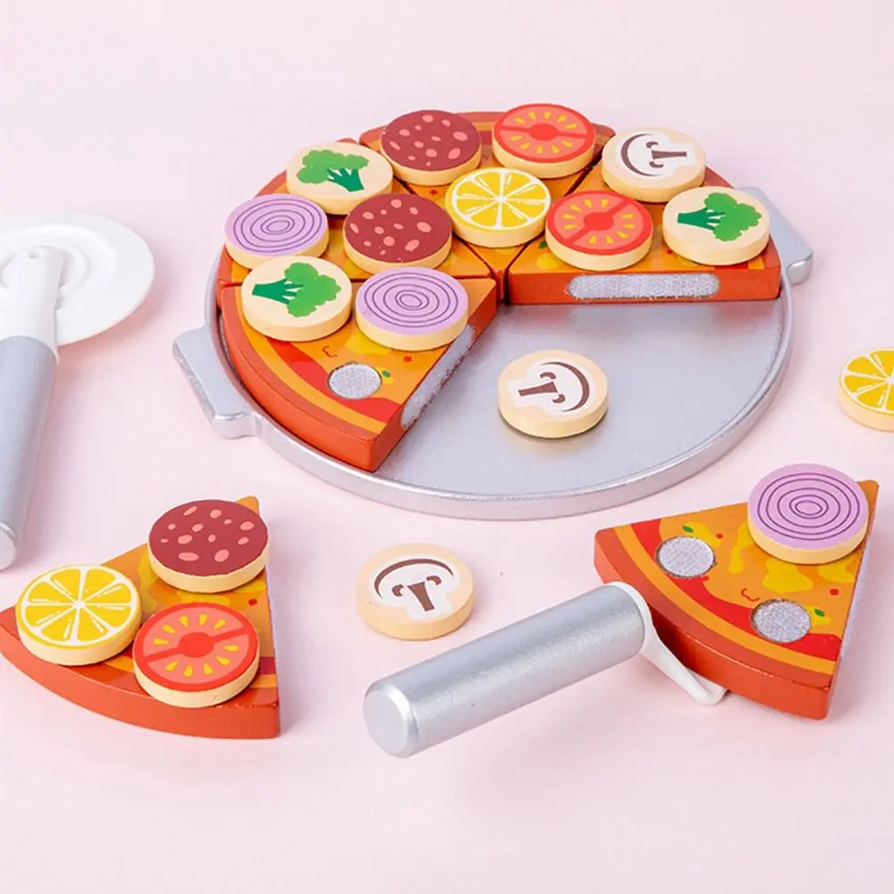 Juguetes de madera Montessori Multicolor, casa de juegos de madera, juguetes de cocina, Pizza de dibujos animados, juguetes educativos para edades tempranas DIY para niños