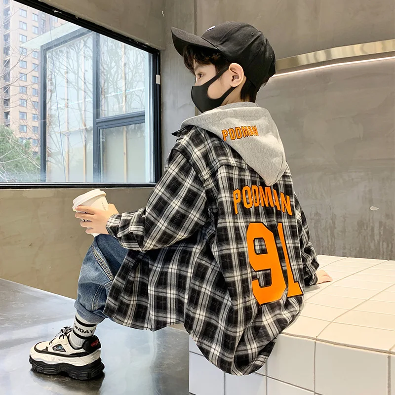 

New Arrival Kids Boys Plaid Shirts Cotton Hooded Long Sleeve Coats for Teenage Boy Korean Spring Fall Loose Children Clothing