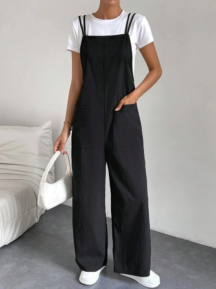 Fashion casual women\'s pants pocket double shoulder thin shoulder straight overalls wide-leg pants