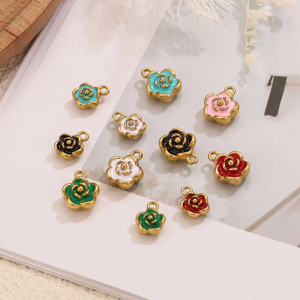 10pcs Stainless Steel Rose Flower Charms Colorful Enamel Rose Flower Pendants DIY Jewelry Making Accessories For Women Gift
