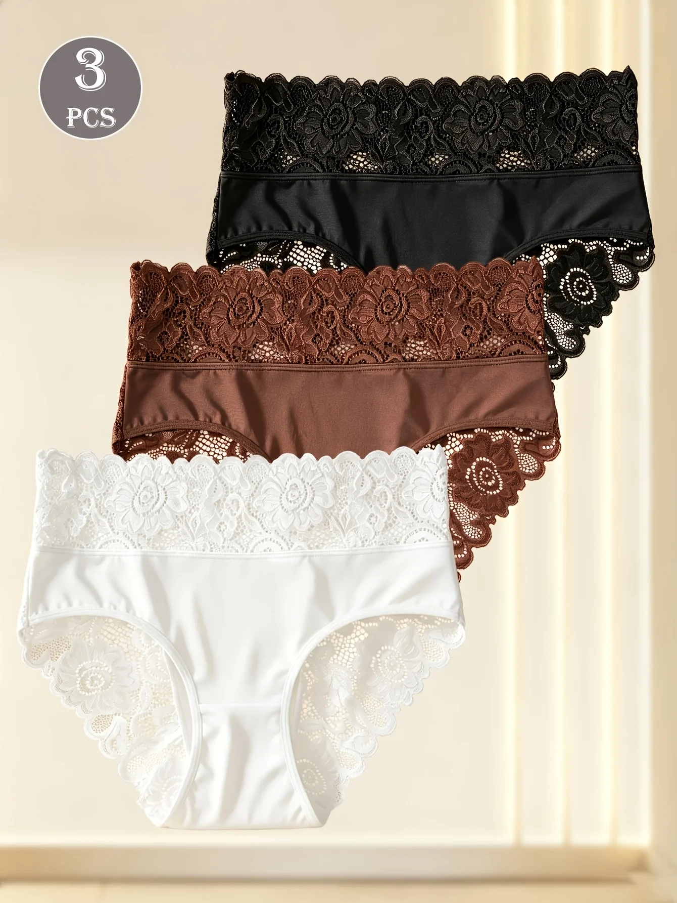 3pcs Women's High-Waist Briefs Lace Trim Soft Breathable Underwear, Solid Color Panties Suitable for All Seasons, Daily Wear