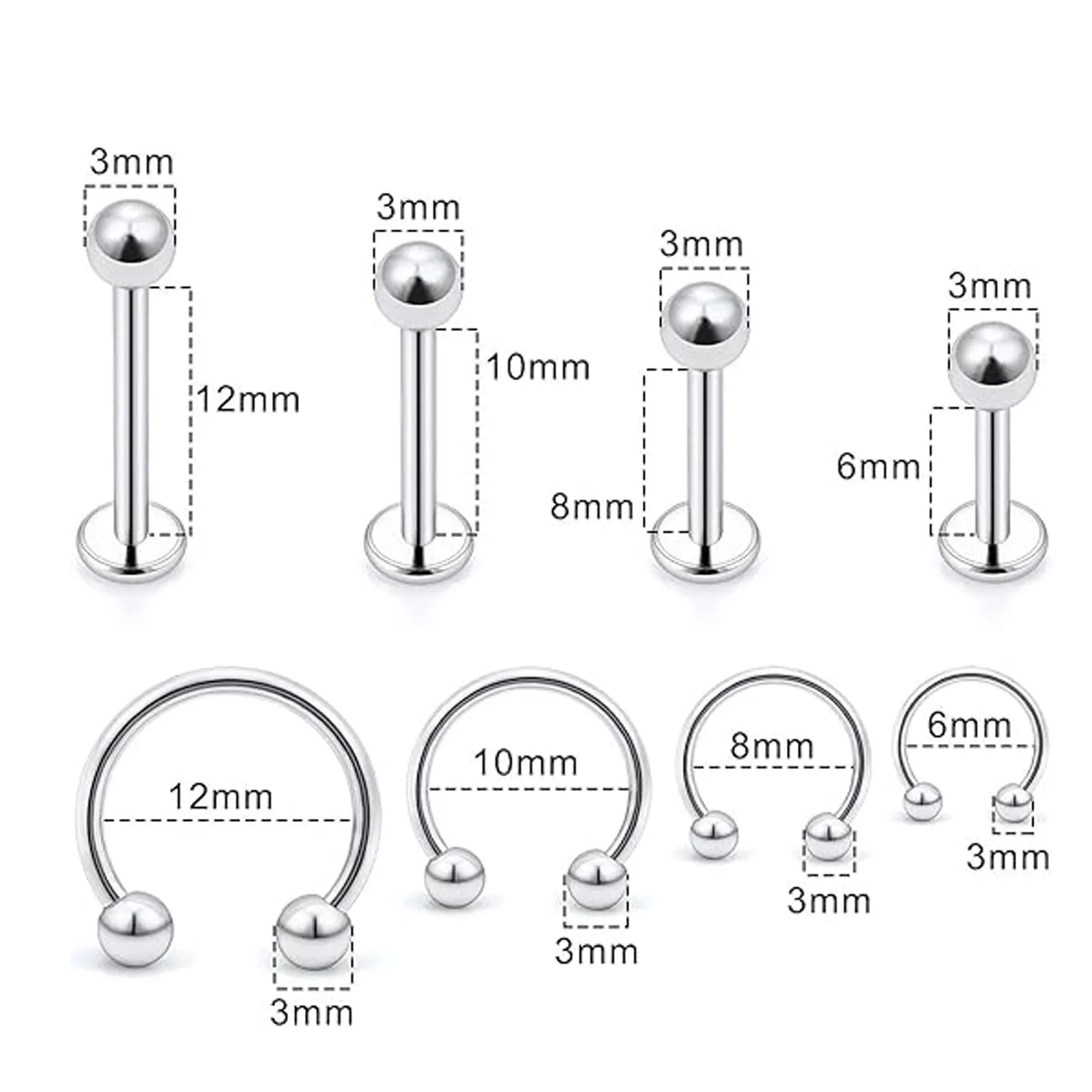 32 قطعة من حلقات الشفاه الفولاذية الجراحية مجوهرات Labret - ثقب دغة مونرو والأفعى، 16 جرام ترصيع اللولب/الديث/الزنمة للنساء والرجال