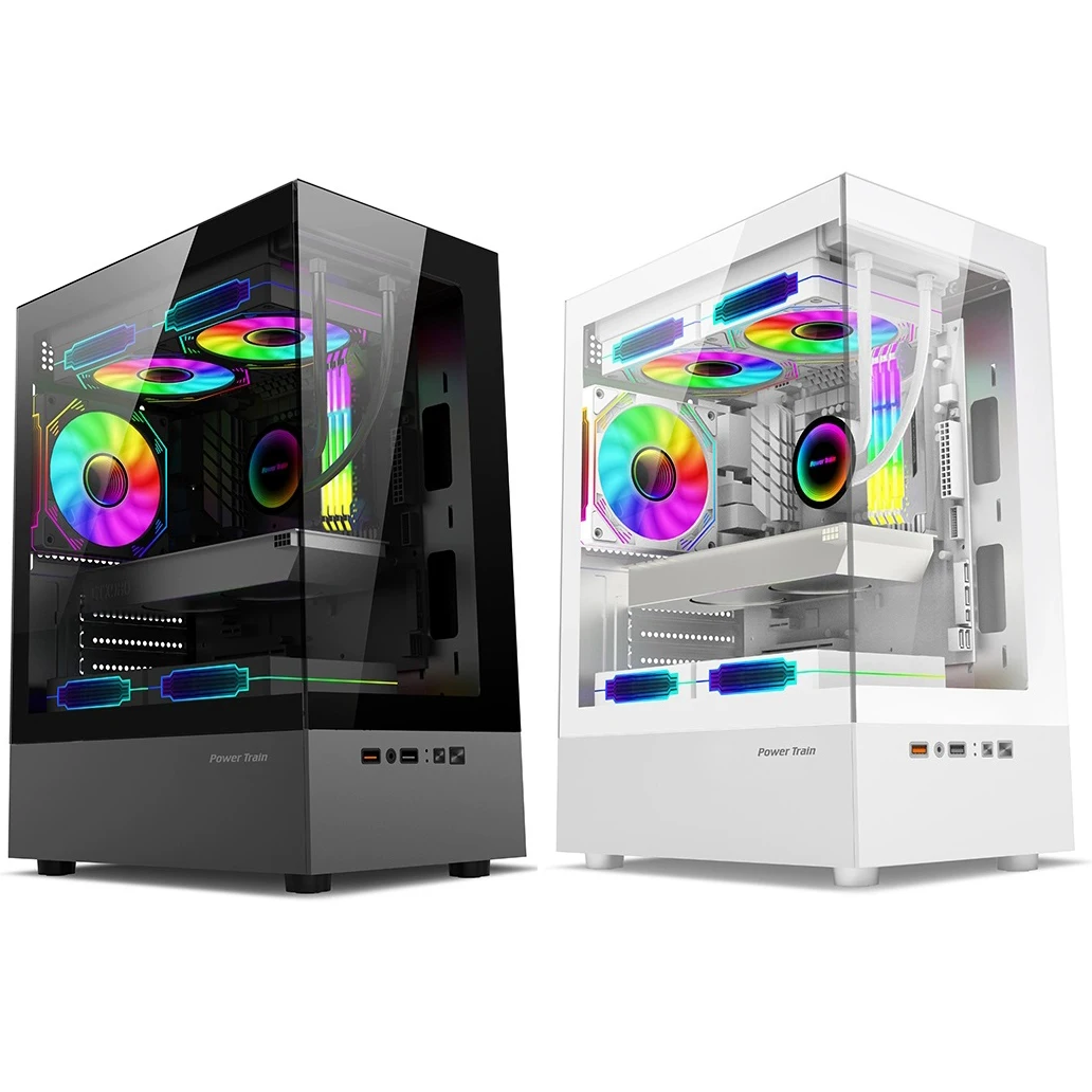 

Power Train Fantasy desktop computer case supports 240 water-cooling, M-ATX design without legs, and features dual glass panels