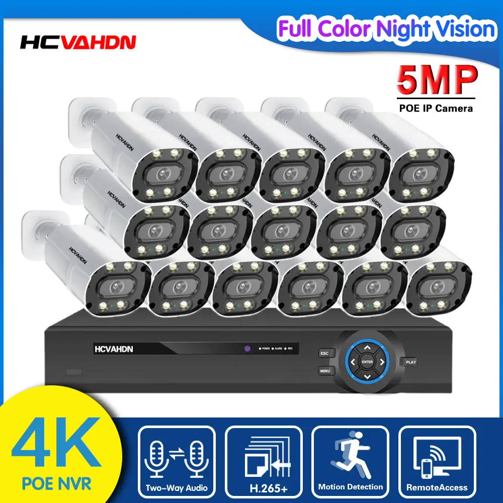 

5MP Full Color Night Vision POE Security Camera Set 16CH 4K NVR Security System Outdoor CCTV IP Camera Video Surveillance Kit