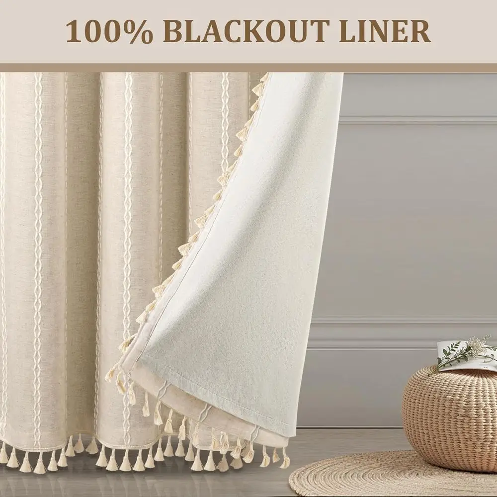 Boho-Vorhänge aus beigem Leinenmischung, 90er lang, mit Quasten und Stickerei, Bauernhaus-Stil für Wohnzimmer/Schlafzimmer