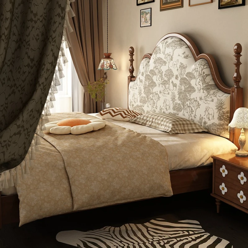 

French retro printing soft bag cream medium antique solid wood bed walnut high-end master bedroom big wedding bed