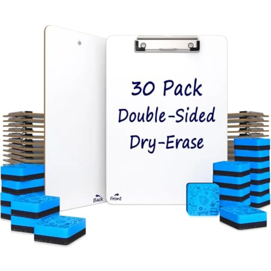 

30 Pack Double Sided Dry Erase Clipboards 9"x12" Durable Clipboards Bulk with 30 Dry Erase Erasers Clipboard with Low Profile C