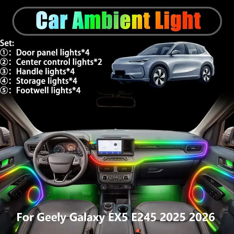 

For Geely Galaxy EX5 E245 2025 2026 2/18 in 1 Car ambient lighting Led trunk interior led lights USB RGB Ensemble Streamer Auto