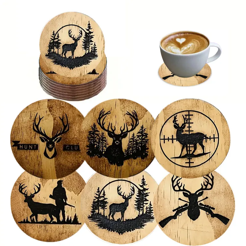 The 6-Piece Set of Deer Series Themed Wooden Printed Coasters and Anti-Slip Pads Is Suitable for the Kitchen and Christmas Gifts