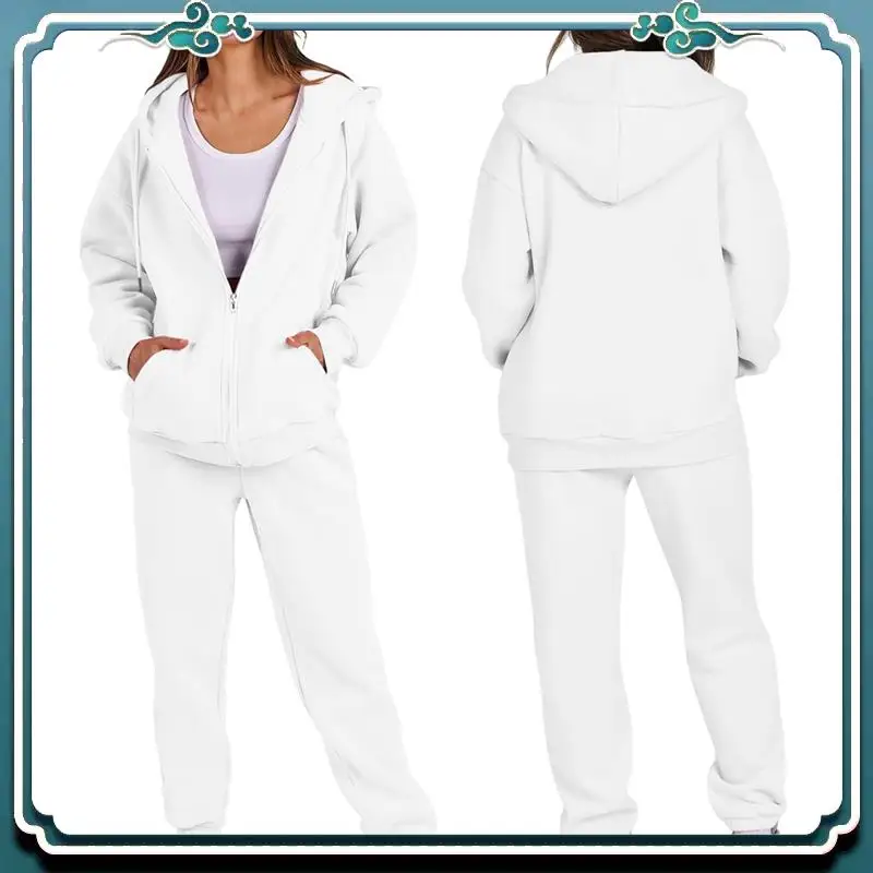 

A65G-Women Zip Up Hoodies Long Sleeve Solid Color Fall Casual Fashion Jackets With Trousers Set