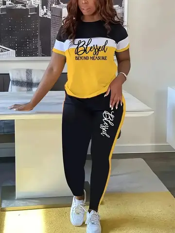 Fashionable Plus Size Striped Letter Print Short-Sleeved Trousers Two-Piece Plus Size Women's Suit