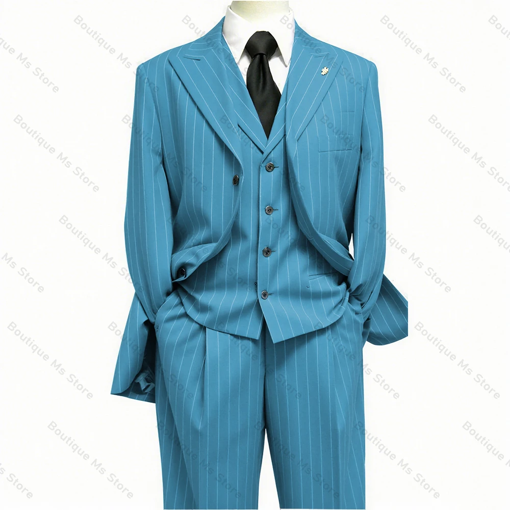 Handsome Black Striped Men\'s Suit Three-pieces ( Blazer+Pants+Vest) Chic Slim Casual Party Prom Wedding Set