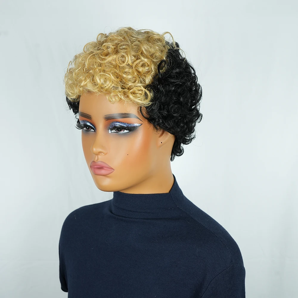 1B 27 вьющихся париков с стрижкой пикси, 100% человеческие волосы для женщин, черный блондин, омбре, модный короткий вьющийся бразильский парик с стрижкой пикси, машинное производство