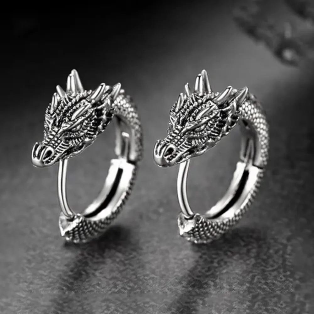 Fashion Dragon Hoop Earrings Antique Metal Punk Loong Earrings Hip Hop Style Personality Jewelry Unisex