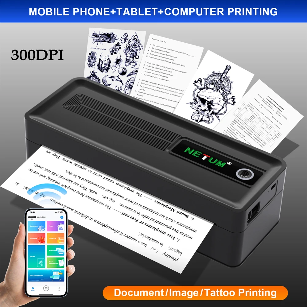 Stampante Termica A4 con Ampio Vano Carta, 300DPI, Bluetooth, Portatile, Compatibile con Mac/Win/iOS/Android, Batteria da 2600mAh