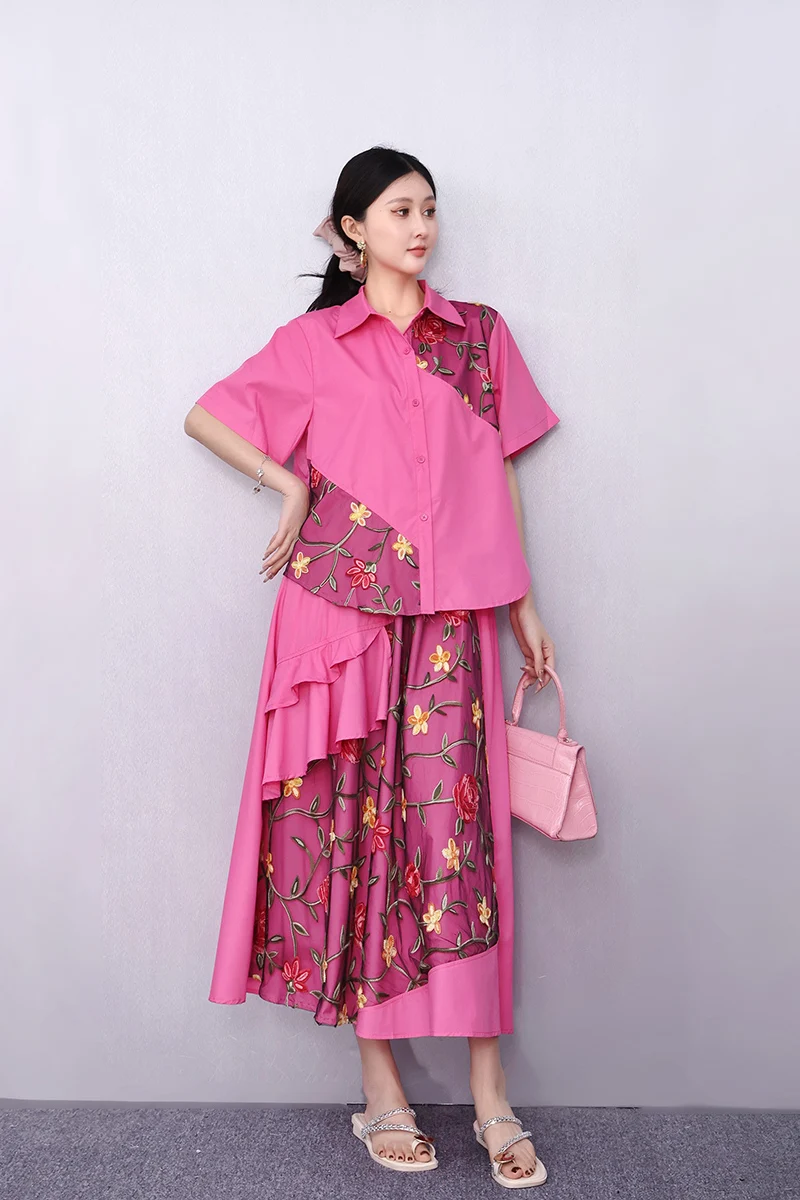 2025 봄 여름 신상 우아한 자수 반팔 상의 여성 루즈핏 롱 스커트 투피스 세트 여성 J1074