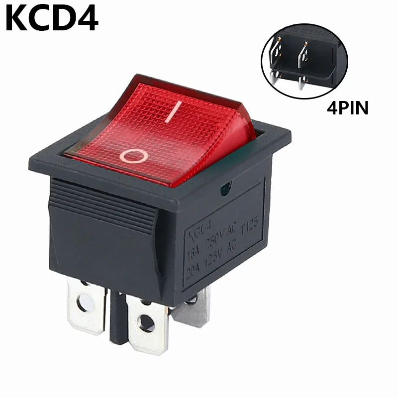 5pcs 2 Position Red Light Rocker Switch 16A/250V KCD4-20 4 Pin ON/OFF Toggle Switches 35 x 25.5 x 10mm