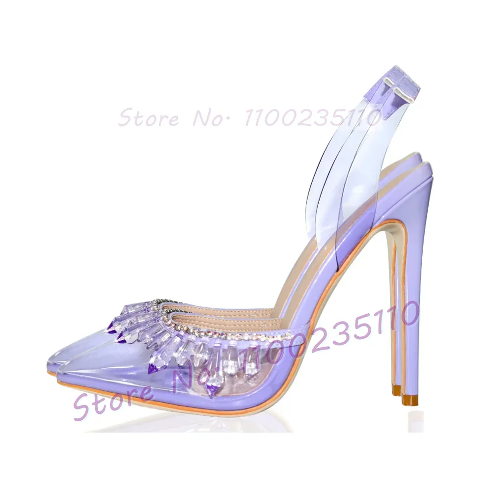 صندل من الساتان الأنيق بزخرفة كريستالية باللون الأزرق للنساء ، حزام خلفي ، أحذية حفلات بكعب عالي ، حذاء نسائي أنيق مدبب من الأمام ، فاخر ، صيف