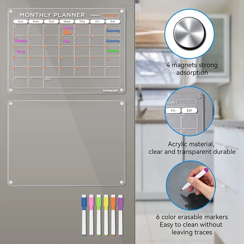 

1Set Magnetic Acrylic Calendar For Fridge Clear Fridge Calendar And Memo Magnetic Planning Boards Set Pen +Towel