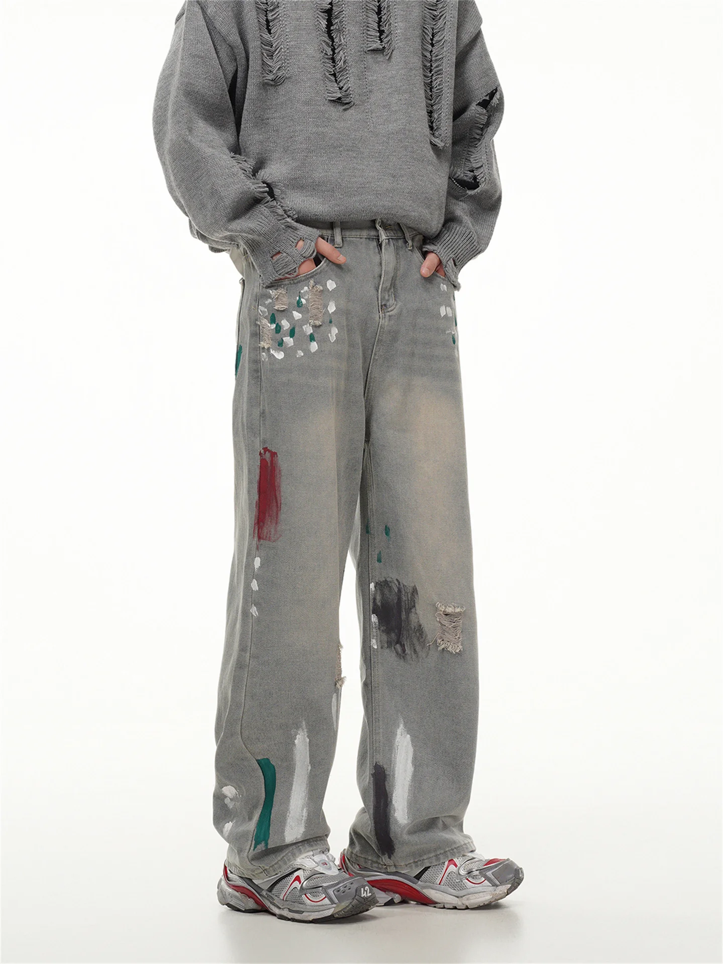 

Мужские джинсы Street Style с дырками, свободного прямого кроя, повседневные, с застежкой-молнией, средней посадки, весна-осень