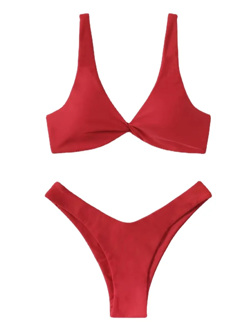 Bikini Sexy con lazo liso para mujer, traje de baño con sujetador acolchado de pierna alta, conjunto de Bikini brasileño de realce, traje de baño