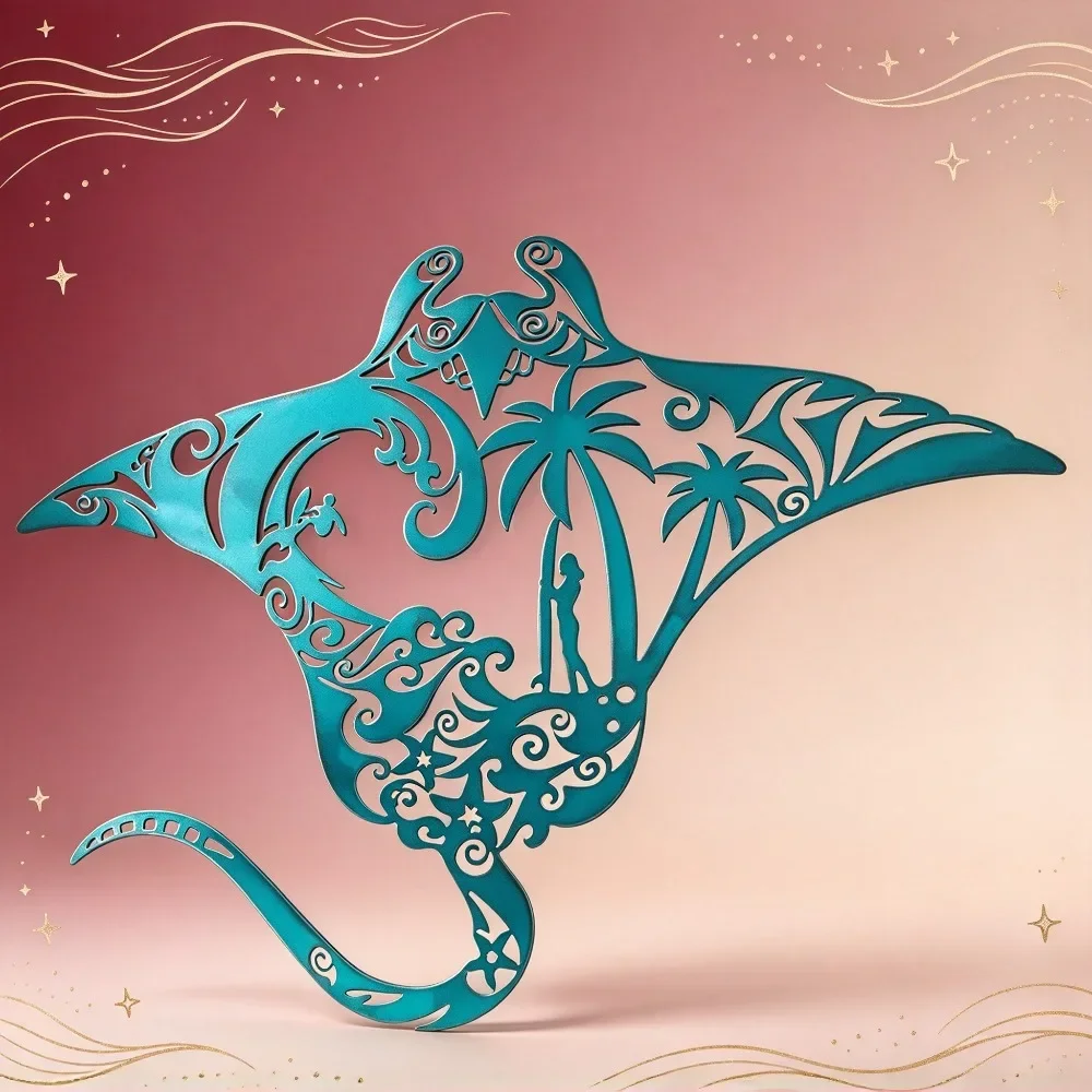 CIFBUY Blue Green Manta Ray Metal Wall Art Tropical Coastal Ocean Decor Palm Tree Wave Surfer Silhouette For Living Room Yard Si