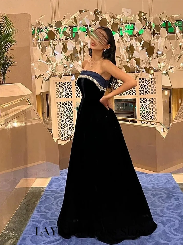 LAYXHS Fashion Black Strapless Evening Dresses Sequined A-line Modern Style Prom Dresses Customized فستان سهرة نسائي