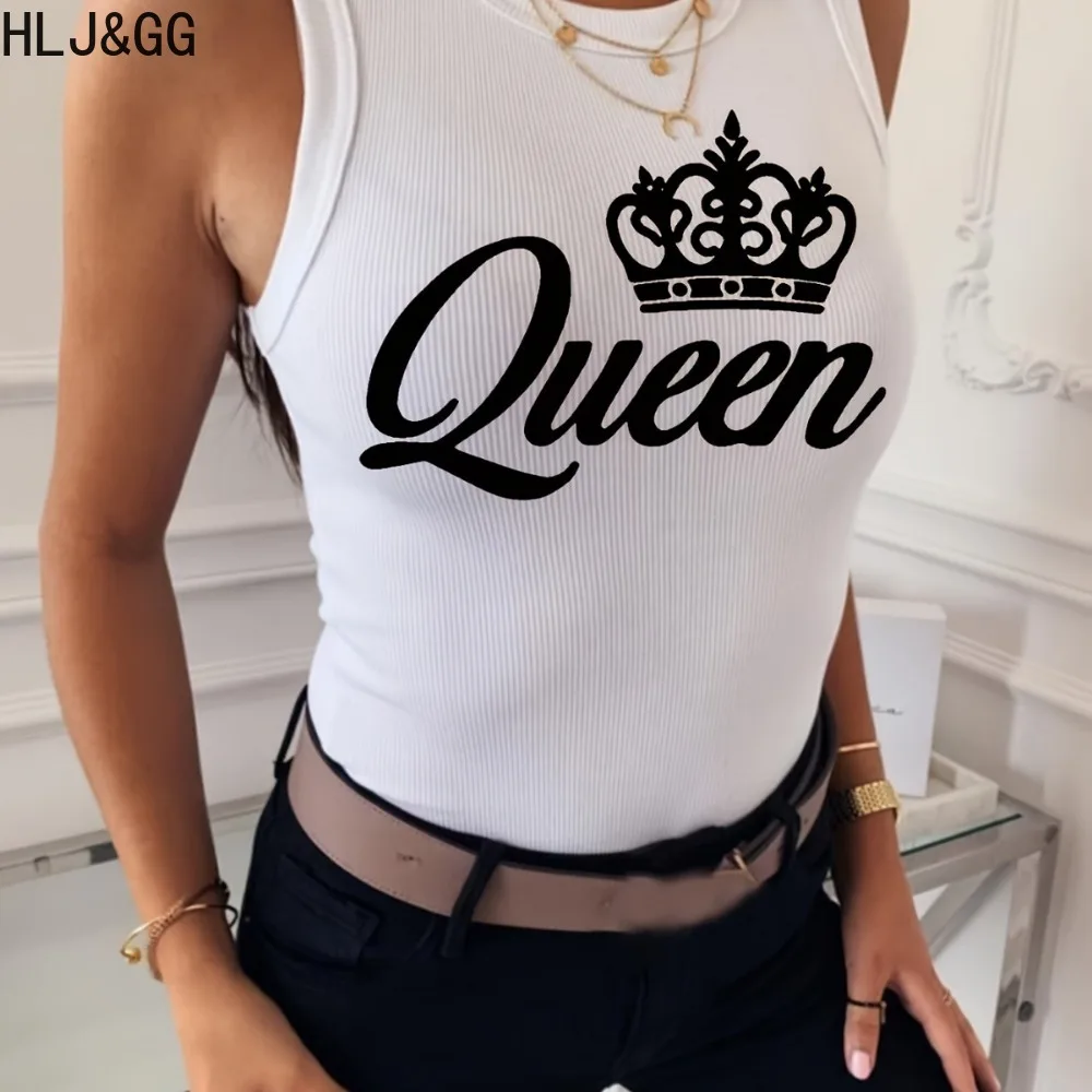 

HLJ&GG Casual Ribber Letter Print Tank Tops Women Round Neck Sleeveless Elasticity Vest Summer New Female Matching Slim Clothing