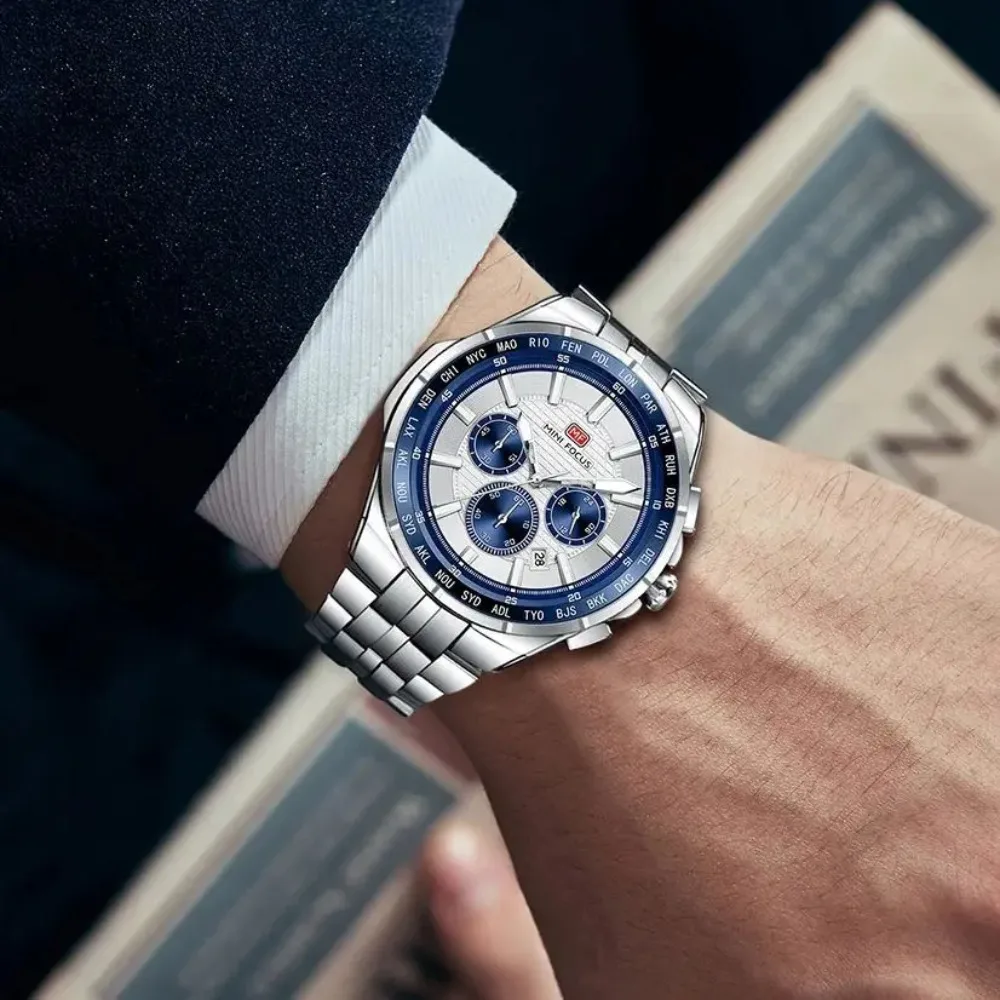 MINI FOCUS 0613G Роскошные кварцевые мужские часы, водостойкий календарь, светящийся хронограф, часы со стальной полосой для мужчин, Reloj Hombre
