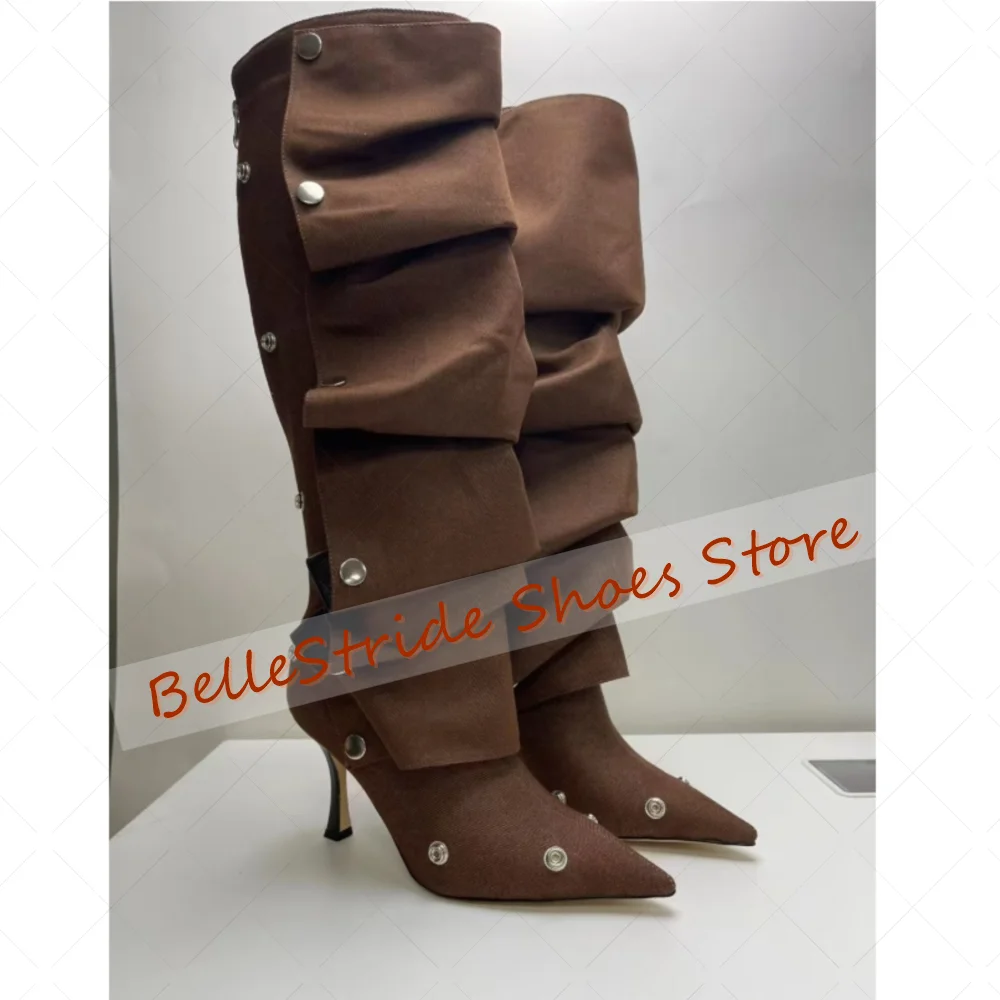 

Brown Pointed Toe Studded Pleated Boots Matte Leather Women Shoes Thin High Heels Party Banquet Dating 2025 Zapatos Para Mujere