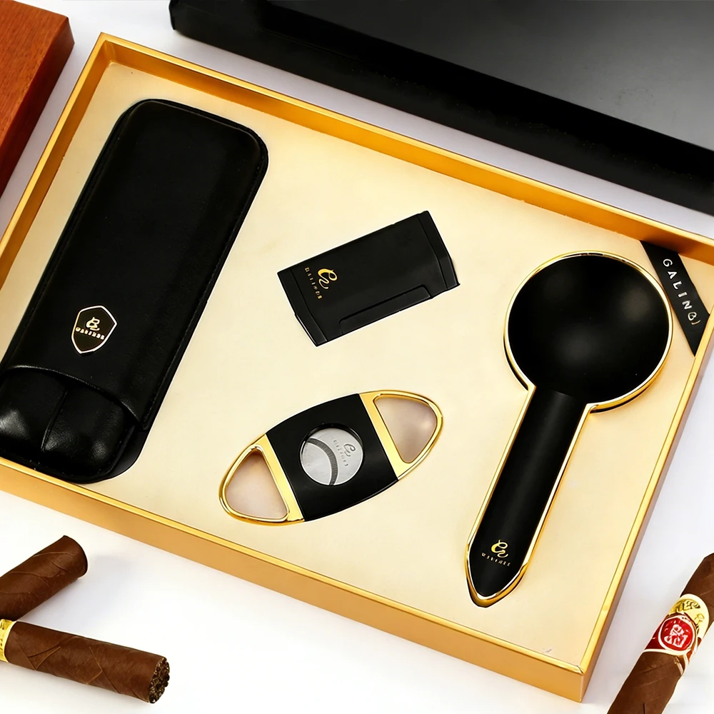 

GALINER 4-Pieces Cigar Set Travel 2 Tube Cigar Case Portable Butane Gas Lighter Cigar Cutter Metal Ashtray