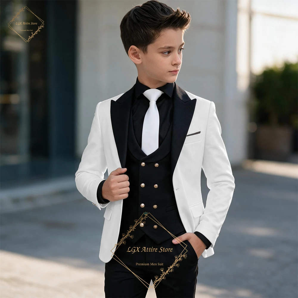 Boys White Double Breasted Blazer Set with Black Vest and Trousers 3 Pieces Formal Wedding Prom Suit