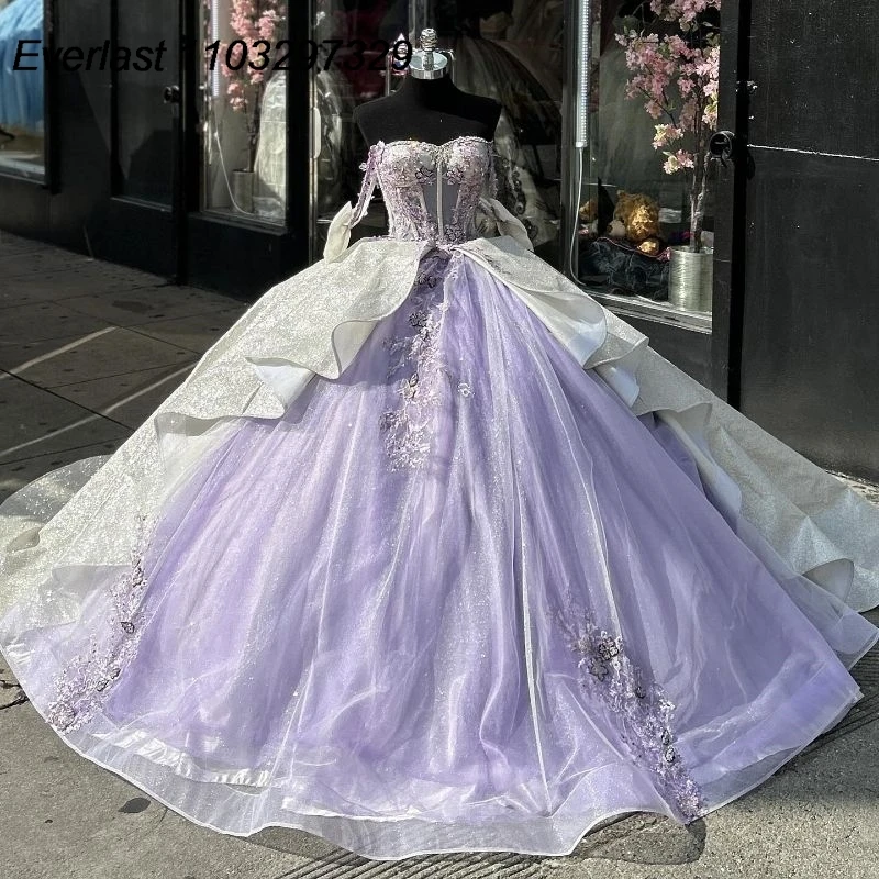 

Блестящее Сиреневое платье EVLAST Quinceanera, бальное платье, кружевное платье с аппликацией и бисером, блестящий многоярусный корсет, милое платье на 16 лет TQD603