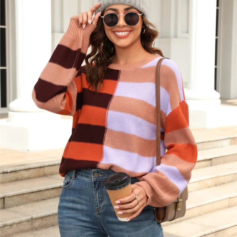 Women's New Fashion Color Blocking Knitted O-neck Pullover Sweater Autumn Winter Casual Loose Versatile Female Sweater Coat