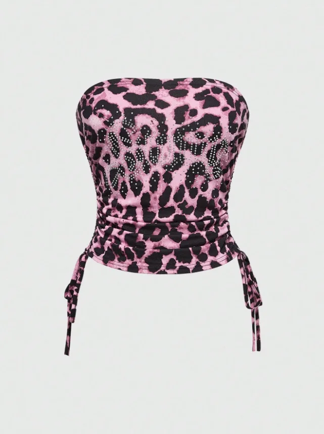 Amerikanischer Sommer Leopardenmuster Patchwork Spicy Girl Mode Y2K Einteiliger Trägerloser Tanktop-Hosenanzug für Damen – Detail 3