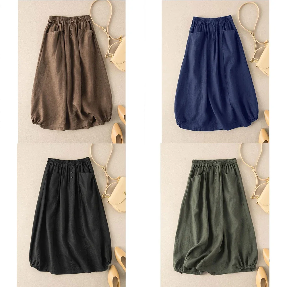 

[90% Linen] Teenage Ladies Retro Literary Medium-length Half-body Skirt Summer High-waisted Pure Color Leisure Thin A-line Skirt