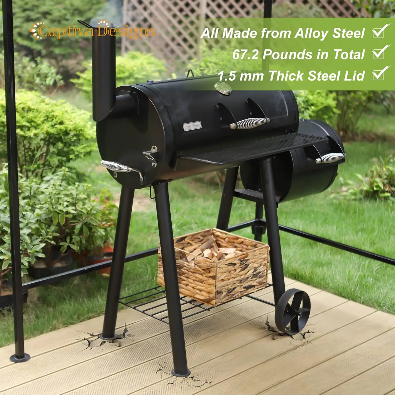 

Captiva Designs Charcoal Grill with Offset Smoker, All Metal Steel Made Outdoor Smoker, 512 sq.in Cooking Area