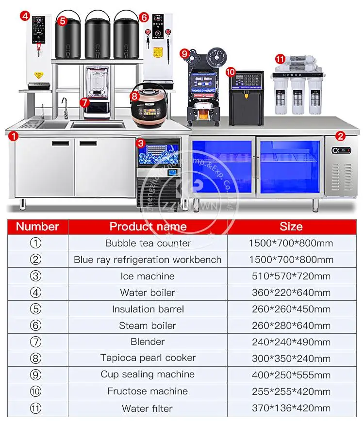 Customized 304 Stainless Steel Full Set Bubble Tea Machine Work Table With Refrigerator Cabinet For Milk Tea Shop Design