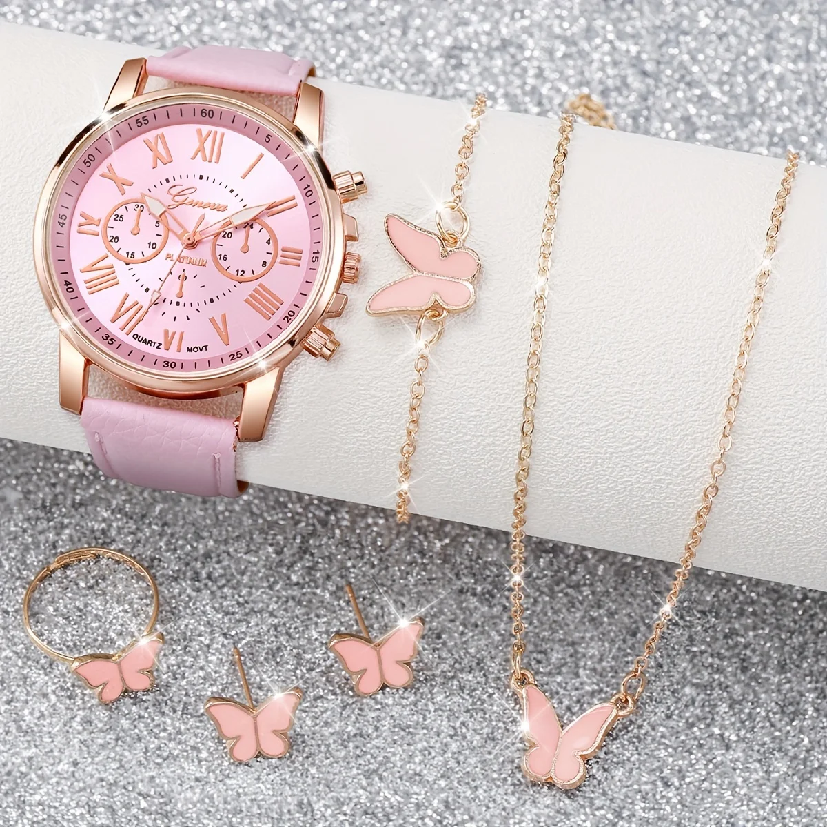 

6pcs/set Women's Casual Pink Fashion Quartz Watch Analog PU Leather Wrist Watch & Butterfly Jewelry Set, Gift For Mom Her