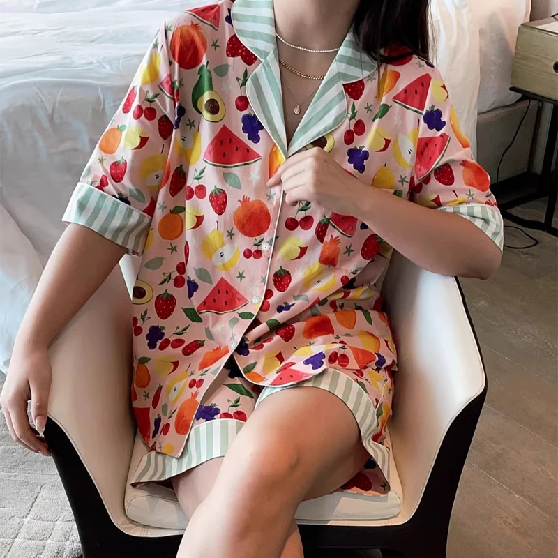 Ins Style Colorful Fruits Print Women Faux Silk Pajamas 2ps Home Set Summer Y2k Cool 2024 New Casual Loungewear Women Sleepwear