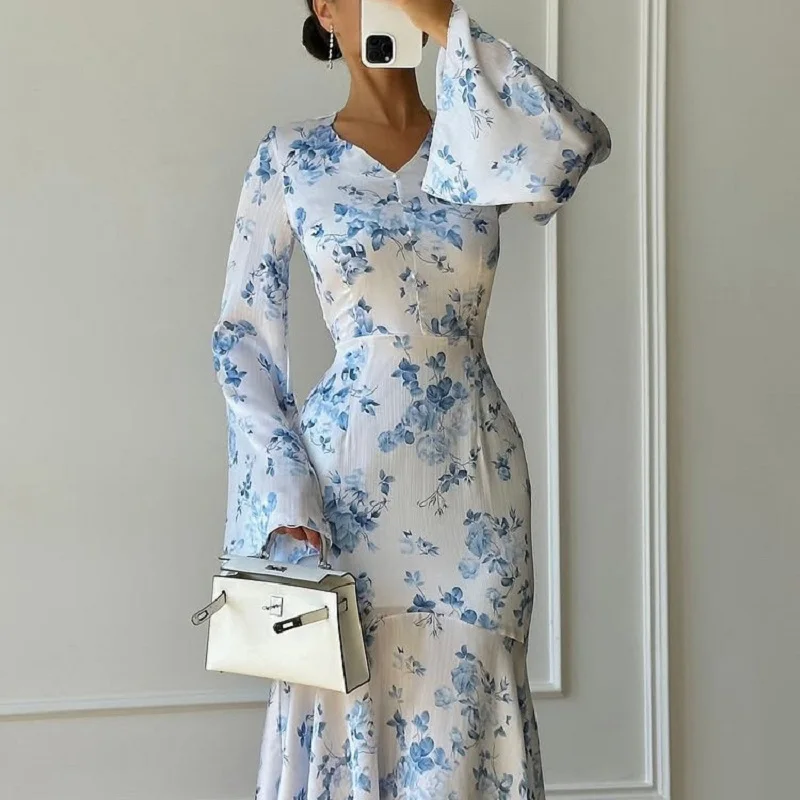

Fashion Printed High Waisted Dress Lady Sexy V-neck Long Sleeved Beach Vacation Dress Temperament Irregular Hip Hugging Dress